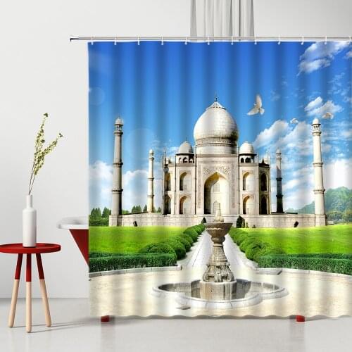 Shower Curtain European Style India Building Palace Mountain Bird Tree Sea Flower 3D Printing Machine Washable Bathroom Curtains