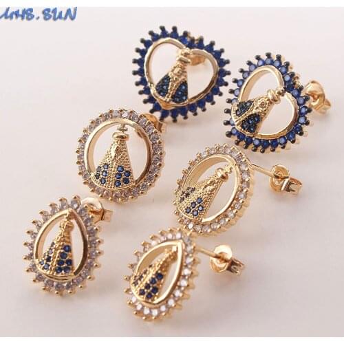 MHS.SUN New Design AAA Zircon Fashion Women Round/Heart Stud Earrings For Party Gift Mary Religion CZ Crystal Ear Jewelry 1Pair