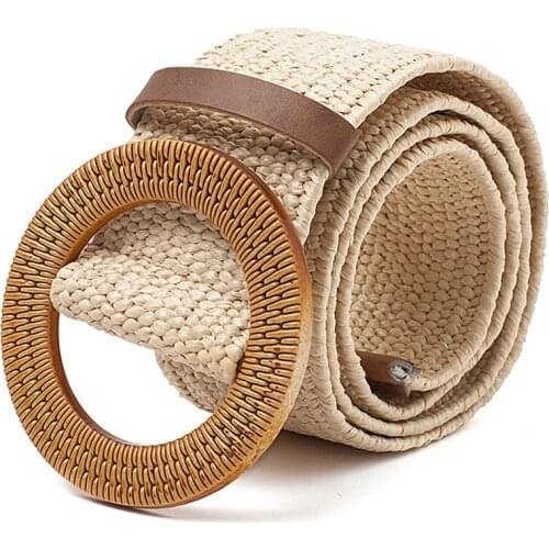 Straw Wide Belt Female Woven Vintage Round Wooden Buckle Decorative Dress Shirt Belt Beige