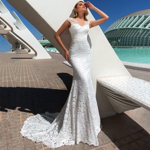 Scoop Cap Sleeve Beads Lace Pearls Boho Mermaid Lace Up Back Wedding Dress 2020 Vestido De Noiva