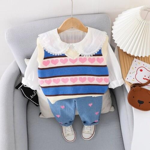HYLKIDHUOSE Autumn Baby Girls Knitted Vest Lace Shirt Pants Clothing Sets Toddler Infant Clothes Outfit Kids Children Sportswear