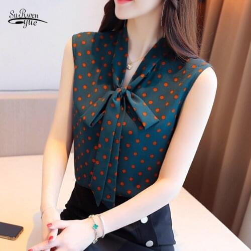 2021 Summer Korean Style Women Sleeveless Tops Polka Dot Bow Chiffon Blouse Casual Fashion Women Clothing V-neck Lady Blusas