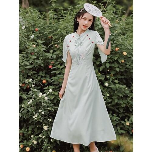 Summer New Womens Chinese Style Retro Trumpet Sleeve Cheongsam Mid-Length Dress Literary And Leisure Daily Embroidered Dress
