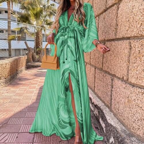 Sexy V Neck Print Boho Long Sleeve Split Hem Maxi Dress 2021 Autumn Beach Vintage Batwing Long Sleeve Women Floor-Length Dresses