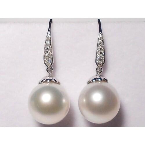 10--11mm white South Sea pearl dangle earrings, diamonds, solid 18k white gold