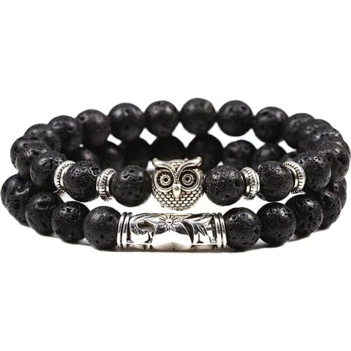 2Pcs/set Fashion Owl Beaded Bracelet Women Men Couple Natural Tiger Eye Lava Stone Bracelets Bangles Classic Jewelry Pulseira