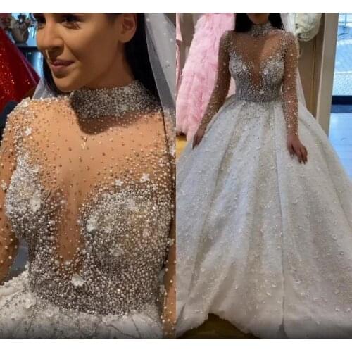 2021 Plus Size Arabic Aso Ebi Luxurious Sparkly Ball Gown Wedding Dresses Crystals Beaded High Neck Bridal Dresses Sexy Wedding