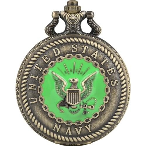 United State Navy Quartz Pocket Watch Bronze Steampunk Antique Green Pendant Watches Fob Sweater Chain Retro Clock for Men Women