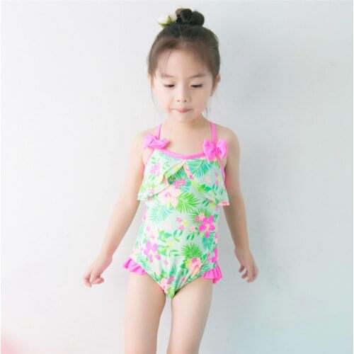 Baby One Piece Swimwear 2-8 Y Girls Green Swimsuit with Pink Flowers Pattern Kids Bathing Suit Children Swimming Pool Wear