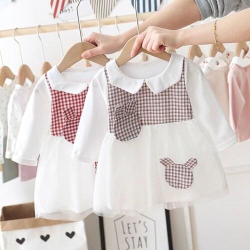 Kids Dress Baby Girl Spring Stripe Printing Casual Grid Cute Rabbit Veil Cotton Soft Clothes Round Collar Long Sleeve For Girls