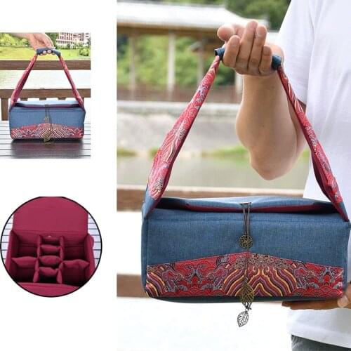 Tea Cozies Travel Tea Set Storage Bag Portable 4 Pots 4 Cups Cotton And Linen Thick Car Outdoor Drinkware Accessories