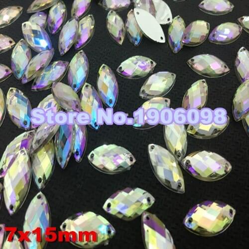 AAA Quality 500pcs/lot 7x15mm Acrylic Crystals AB Rhinestones Marquise / Horse Eyes Accessories Sew on For Dress stones 2 Hole