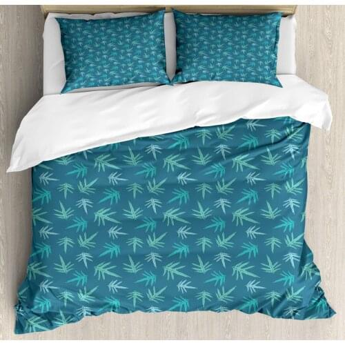 Leaf Duvet Cover Set Abstract Design Exotic Leaves Foliage 3 Piece Bedding Set Dark Turquoise Pale Sky Blue Seafoam Dark Seafoam
