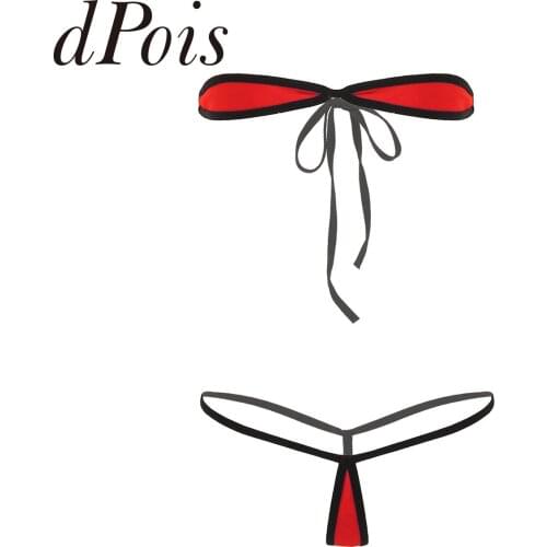 2Pcs Womens Sexy Lingerie Set Strapless Tie-on Erotic Minimal Cover Micro Bikini Tube Bra Top with Thong G-String Briefs Bottom