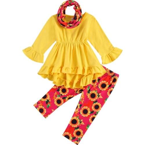Fashion Toddler Girls Clothes Sunflower Outfits Ruffles Pullover Tops Floral Pants Scarf 3pcs Infant Clothing 1-6Y
