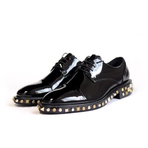 New arrival black shoes for men lace up pointed toe party wedding shoes fashion rivet genuine leather men shoes