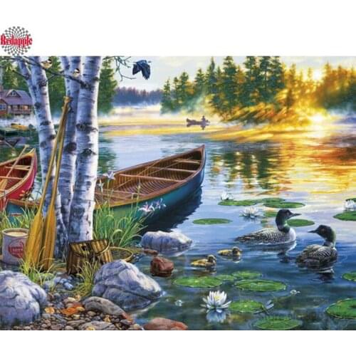 Needlework Diy rhinestone village river boat Landscape Diamond Painting 5d Diamond Embroidery full Square Drill Mosaic Picture