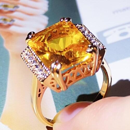 Big Square Zircon Engagement Ring Luxury Female Champagne Crystal Stone Ring Charm Silver Color Bride Wedding Rings For Women