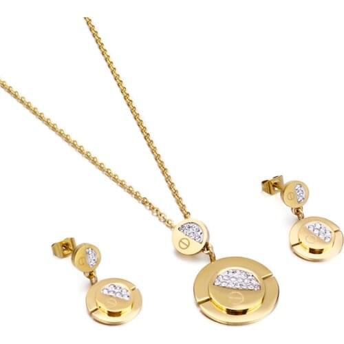 Simple and versatile CZ stones necklace earrings stainless steel temperament Jewelry sets