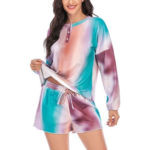 Womens Pajama Sets Lady Girls Homewear Outfits Long Sleeve Top Shorts Suit Dye Print Loose Elastic Home Clothes