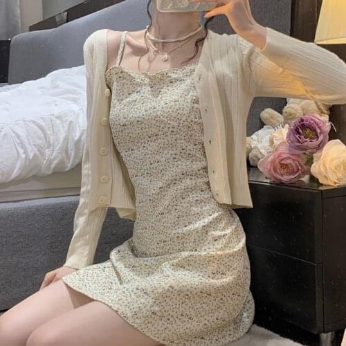 Spaghetti Strap Dress Women 2021 Autumn French Sweet High Waist Floral Dress Female Sexy Sleeveless Korean Party Fairy Dresses