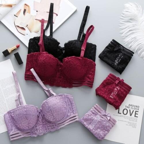 Sexy Push Up Underwear Bras Bow Seamless Panties Suits Women Lace Flora Bras Briefs Sets