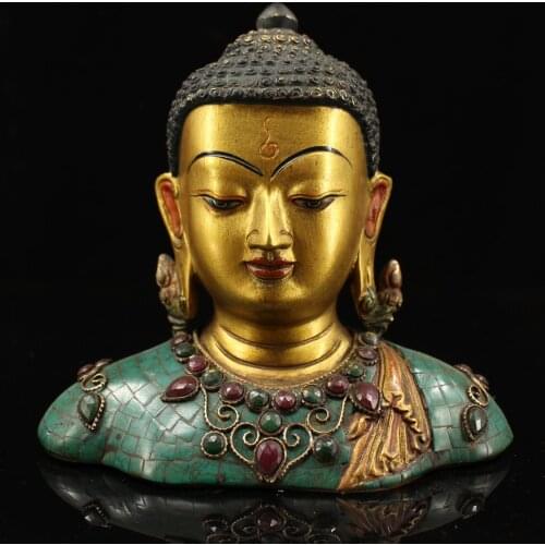 Tibetan Buddhist handmade buddha Statue, Old Pure copper Inlaid semi-precious stones turquoise Shakyamuni sculpture From Tibet