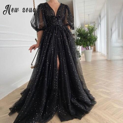 Black Polka Dots Evening Dress Sexy V Neck Corset Prom Dresses Split Side Sparkly Star Muslim Longue Robes vestido de festa