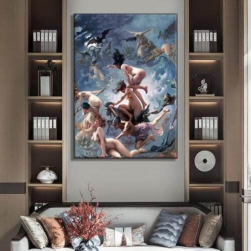 Witches Going to Sabbath Vintage Wall Art Poster Canvas Print Painting Wiccan Occult Grotesque Macabre Retro Antique Picture