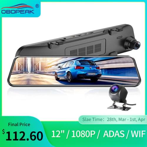 OBDPEAK Car Dvr ADAS Dual 1080P DashCam 4G 12 inch Stream Media Android Mirror Car Rearview Mirror Super Night Rear View Cam