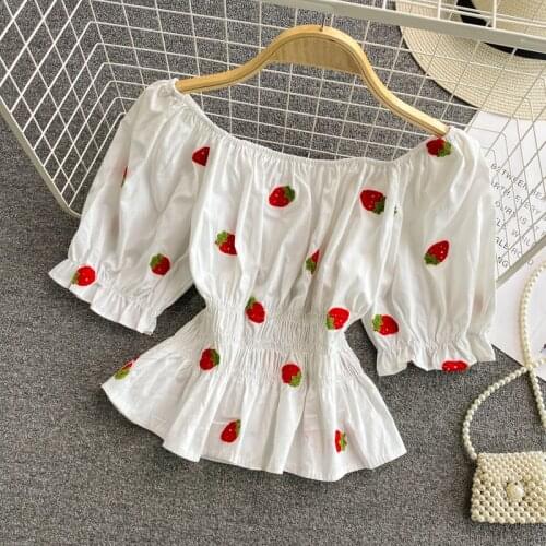 2021 Summer New Strawberry Embroidered Square Neck Short Sleeve Floral Shirt Womens Slim and Thin Pleated Short Top