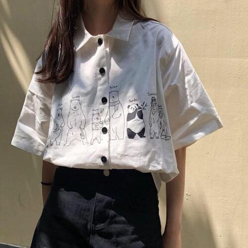 Cartoon Printed Short-Sleeved Shirt Womens Spring and Summer 2020 New Korean-Style Loose College Shirt Top Women
