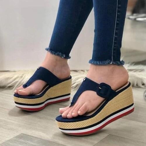Plus Size Women Slippers Summer New Flip Flops Wedges PU Ladies Striped Slippers Casual Thick Bottom Ladies Sandals