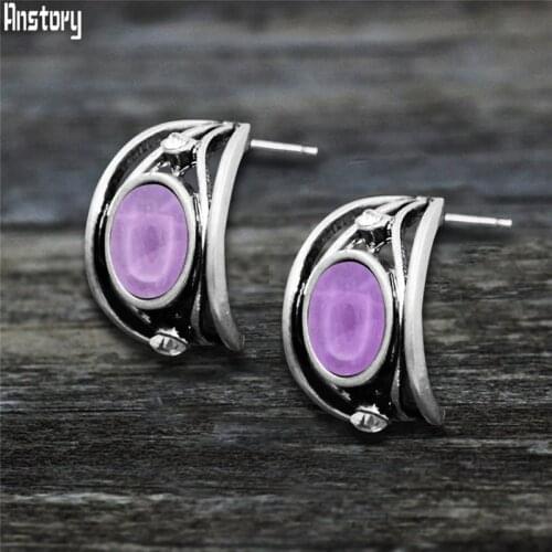 Vintage Natural Quartz Jades Amethysts Stud Earrings For Women Moon Shape Nautral Tiger Eye Lapis Lazuli Unakite Fashion Stud
