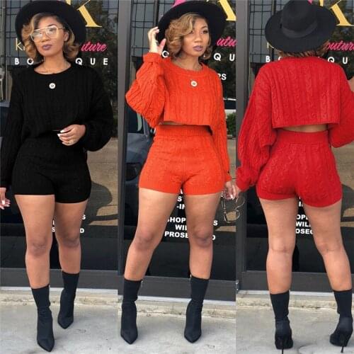 Woman Sweater 2 Piece Suit Christmas Red Women Knitted Long Sleeve O-neck Loose Crop Top+ High Waist Shorts Autumn Outwear