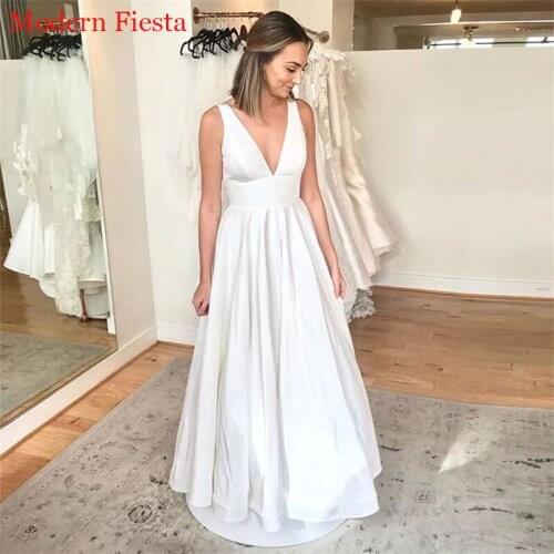 Simple Satin Deep V-neck Wedding Dress Robe De Mariee suknia ślubna Vestidos Formal Simple Robe De Soiree Bride To Be MF0146