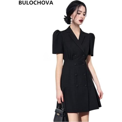 Vintage Black Women Suit Collar Double-Breasted Mini Dress 2021 Summer Korean High Waist A Line Vestidos XL