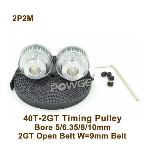 2pcs 40 Teeth 2GT Timing Pulley Bore 5/6.35/8/10mm + 2M GT2 Timing Belt W=9mm 40T 40Teeth GT2 Timing Belt Pulley 40-2GT