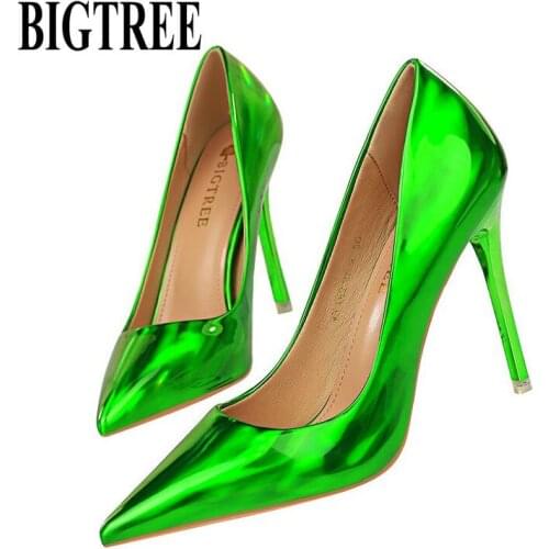 BIGTREE 2020 Women 10.5cm High Heels Blue Green Valentine Pumps Luxury Glossy Stripper Stiletto Wedding Shoes Woman Plus Size 43