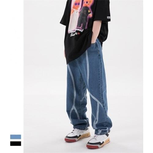Hip Hop Streetwear Spring Autumn Mens Loose Wide Leg Jeans Fashion Geometric Print Luxury Denim Pants Straight Cowboys Trousers
