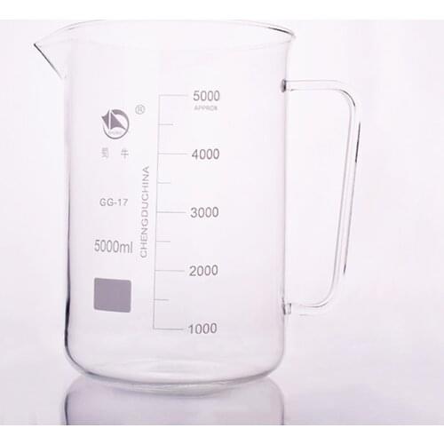With handle beaker in low form,Capacity 5000ml,Outer diameter=178mm,Height=275mm,Laboratory beaker with handle
