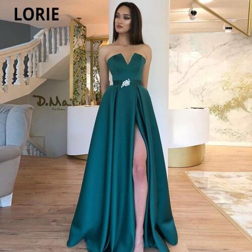LORIE 2020 Simple Satin Evening Dresses Green Prom Gown Sleeveless V-neck Backless Formal Elegant Princess Party Dress Plus Size