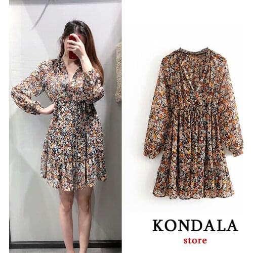 KONDALA 2020 Fashion Women Dress Vintage chiffon Floral Printed V-Neck High Waist sashes Long Sleeve Mini Dresses FemaleVestidos