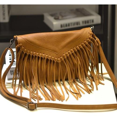 Fashion Casual Soft PU Leather Tassel Bags for Women Shoulder Crossbody Bags Brown Black Gray Bolsa Feminina Envelope Shape BB01