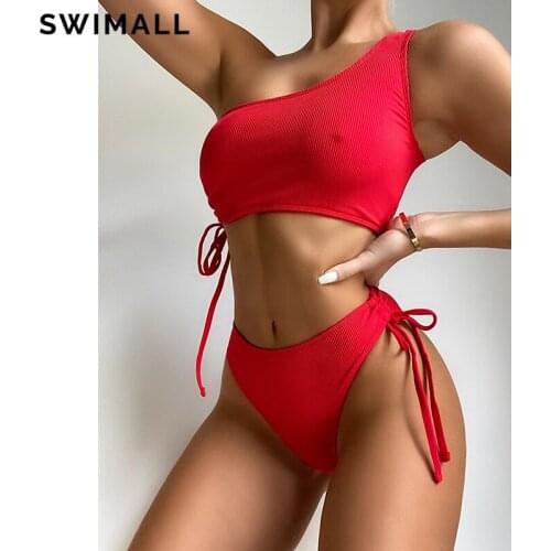 Solid Sexy One Shoulder Bikini Swimsuit Women Swimwear Female Push Up Bikini Set Ribbed Bathing Suit Summer Bather Biquini