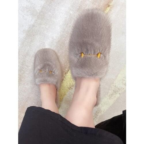 Autumn 2021 New Style Baotou Half Slippers Women Wear Fashion Flat Bottom Mink Fur Shoes Mnller Fur Lazy Slippers