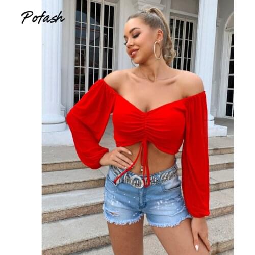 Pofash Red Ruched Crop Top Women Clothing Backless Drawstring Sexy Streetwear T Shirts 2021 Female Slim Long Sleeves Autumn Tank