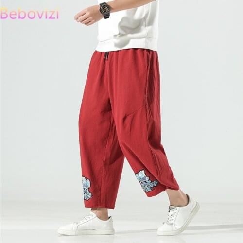 Plus Size M-5XL Summer Black Red Chinese Style Embroidery Cotton Loose Harem Pants for Men Vintage Oriental Hanfu Tang Bloomers