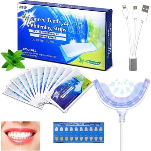 16LED Teeth Whitening Pen Desensitize Strips Tooth Wipe Dust-Proof Box White Bleach Oral Dental Care 3 Interface+Teeth Stickers