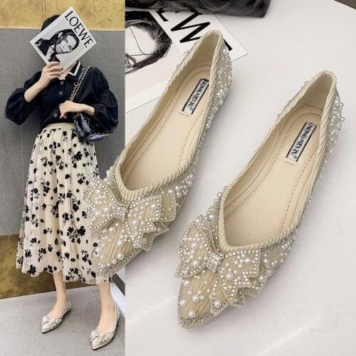 Pointed Single Shoes Female Summer 2021 New Pearl Tide Shallow Mouth Flat Shoes Scoop Shoes Peas Shoes Student Shoes Lady Shoes